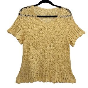Handmade Top Womens Small Yellow Crochet Short Sleeve V Neck Wearable Art